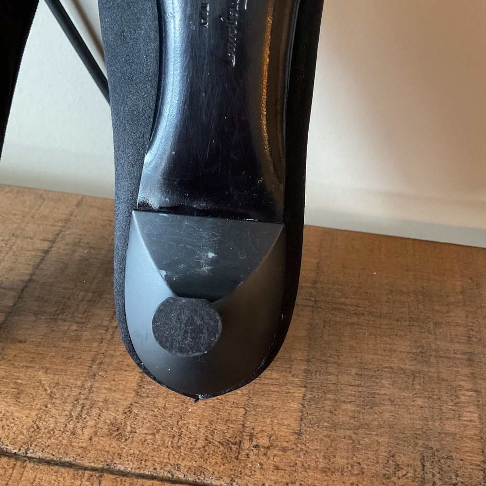 Salvatore Ferragamo Black Satin Rosette Square Toe Kitten Heels 7B Coquette VTG - Picture 16 of 16